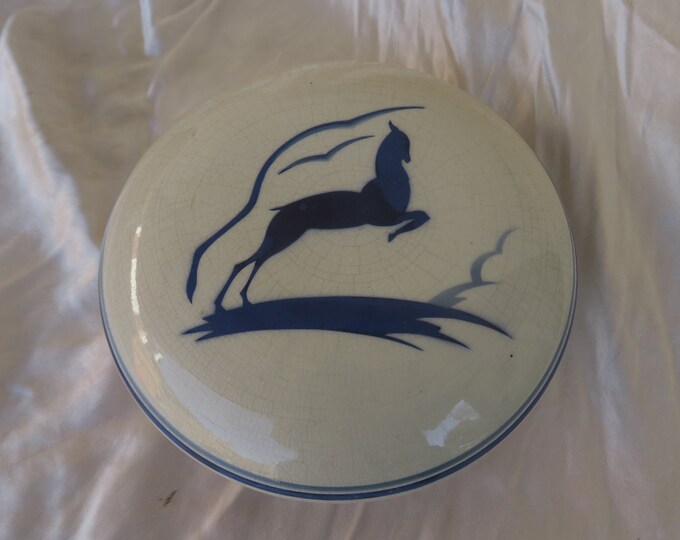 très jolie boite en céramique ancienne des années 20, craquelée et décors à la biche dans le gout de Primavera, old ceramic box