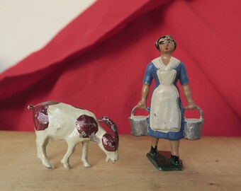 2 Figurines en plomb anciennes peintes à la main d'époque début XX ème, chèvre et fermière