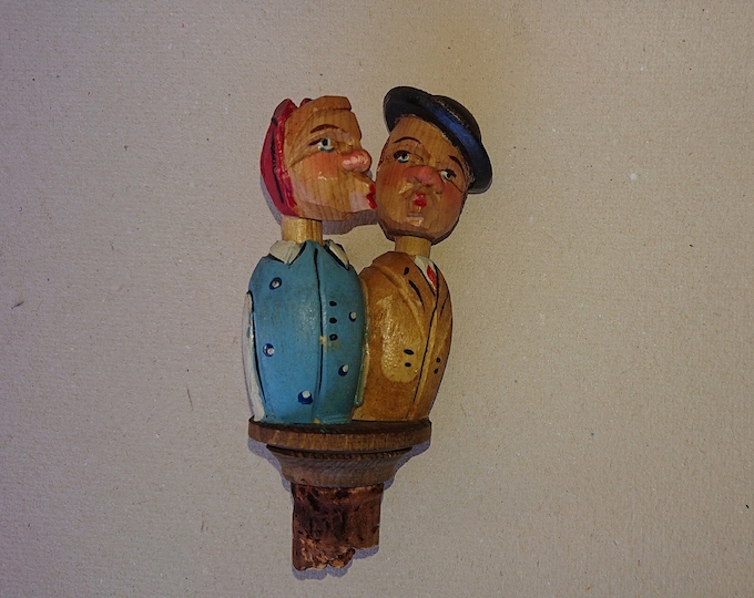 ancien bouchon en bois sculpté personnages articulés, travail d'art populaire