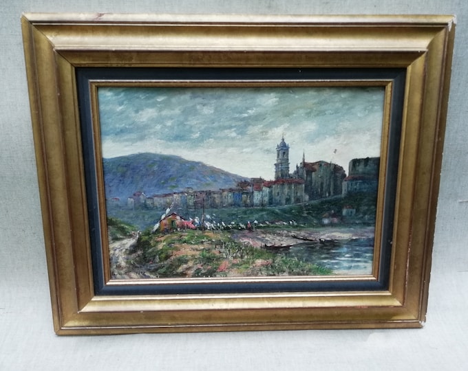 peinture ancienne de Marcel Cogniet Fontarabie en 1902, Pays Basque frontière côté Espagne
