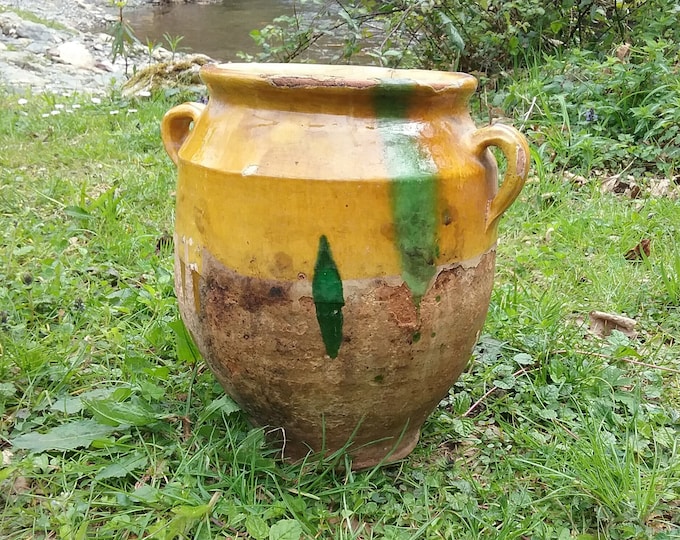 ancien pot à graisse, vert & jaune, Sud-Ouest, art populaire Français