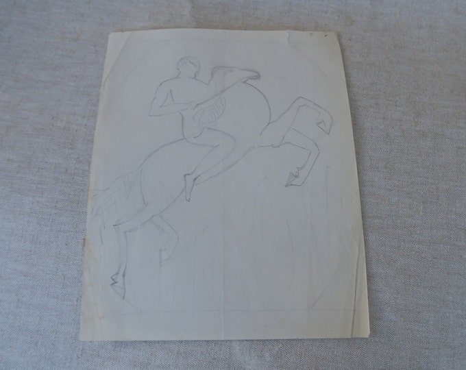 des esquisses préparatoire exécuté par Edouard Cazaux-Guéron dans les années 25-30, étude, projet dessin au crayon, homme nu à cheval & vase