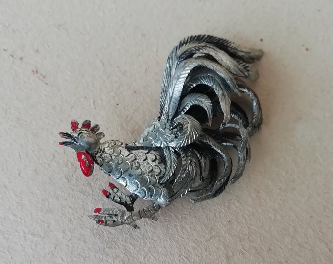 grande broche ancienne fantaisie en métal, coq