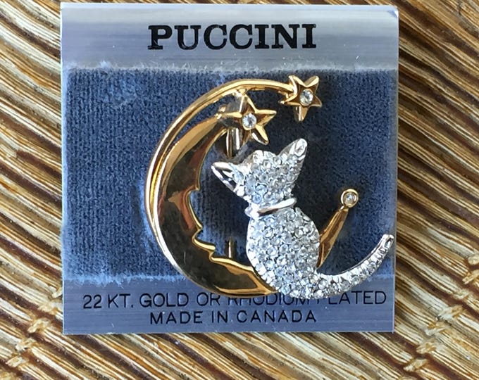 broche bijoux fantaisie en forme de croissant de lune, étoiles & chat en strass
