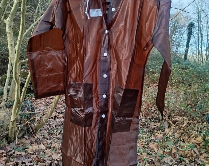 pure ancien années 60, plastique, taille 34-36, ciré, coupe vent, marron long avec capuche