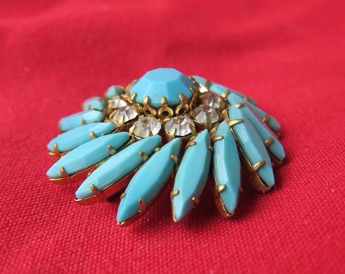 ancienne broche en forme de soleil, bijoux fantaisie, métal doré, pierres bleu turquoise et strass