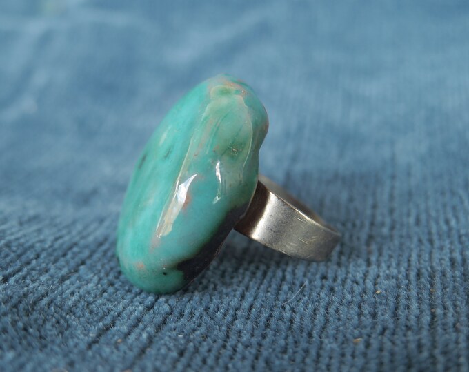 ancienne bague en céramique émaillé bleu, bijoux vintage & fantaisie, anneau réglable