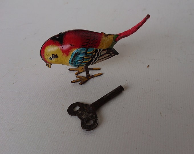 petit jouet mécanique ancien, oiseaux en tôle peinte, made in Germany