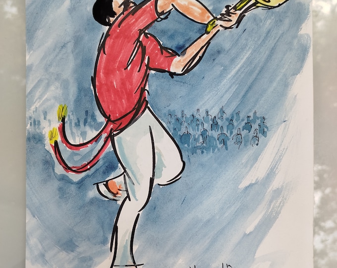 aquarelle originale de l'artiste Pierre Manaut-Esquieule, pelote Basque à grand chistéra, Guétary 1993