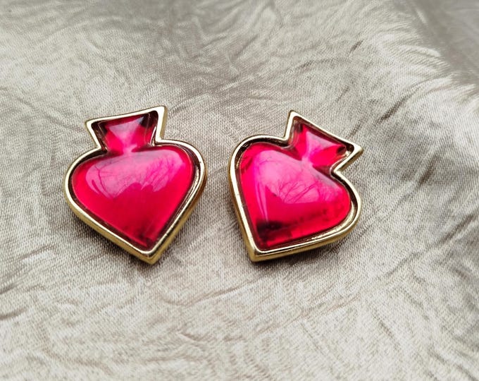 clips d'oreille vintage en métal doré & rouge, as de pic de Yves Saint Laurent, vintage