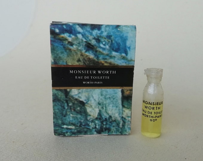 Ancien tube publicitaire dans son coffret en carton, parfum eau de toilette Monsieur Worth, échantillon gratuit 2 ml