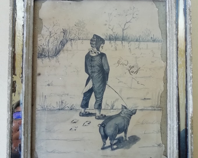 superbe aquarelle ancienne signé M. Parris, enfant en train de faire pipi devant un cochon