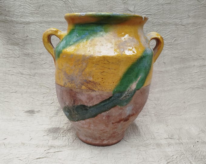 rare & ancien et petit pot à graisse Sud-Ouest, art populaire Français, coulures verte et jaune