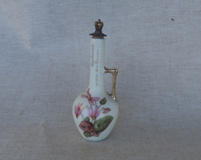 ancien flacon en porcelaine publicitaire, parfumeur A.Rousset. Cyclamen d'Aix les Bains.