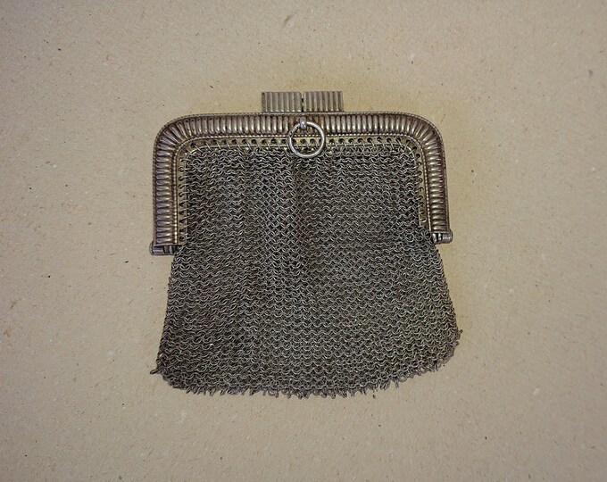 ancien petit porte monnaie, aumônière, bourse pour pièces d'or en argent côte de maille