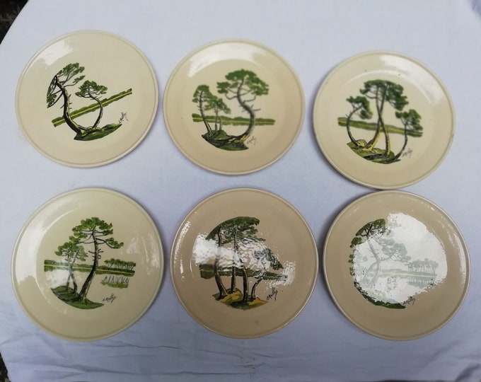 série de 6 assiettes anciennes peinte à la main décors pins des Landes signées