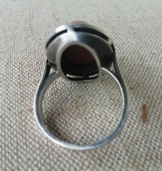 Bague Ancienne En Argent 950 Avec Cornaline - Taille 62, Sertie Solitaire Ovale