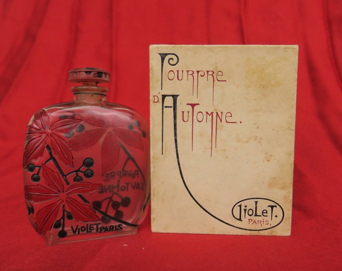 superbe flacon à parfum, parfumerie Violet, pourpre d'automne Lucien Gaillard, verrerie art-nouveau, boite d'origine, old perfume bottle