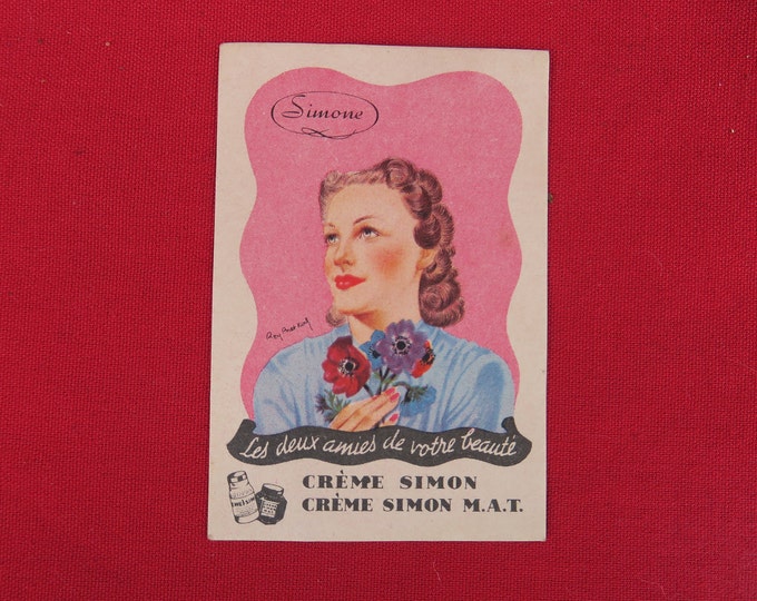 carte parfumée ancienne de collection, crème Simon, Simone, les deux amies de votre beauté