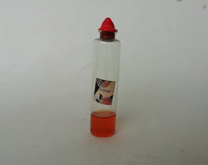 petit flacon de parfum ancien de collection, verre fin, parfum mimosa