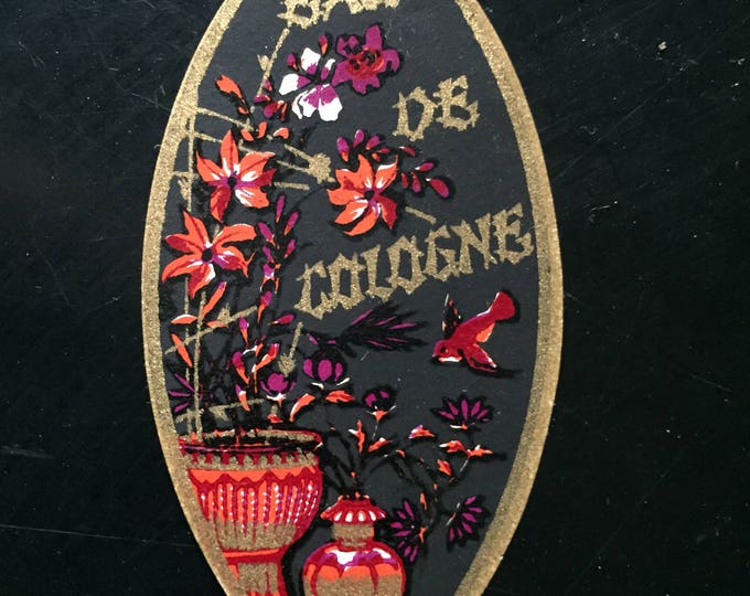 très jolie étiquette ancienne parfumerie, Bali de Cologne, décor Asiatique de fleurs  vase & oiseau