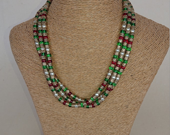 bijoux ancien,superbe collier de perles en métal doré & perles fantaisies