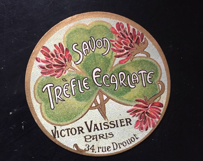 étiquette ancienne savon trèfle incarnat, Victor Vaissier, rue Drouot, Paris