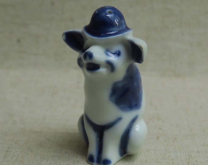 salière en porcelaine ancienne polychrome, cochon au chapeau