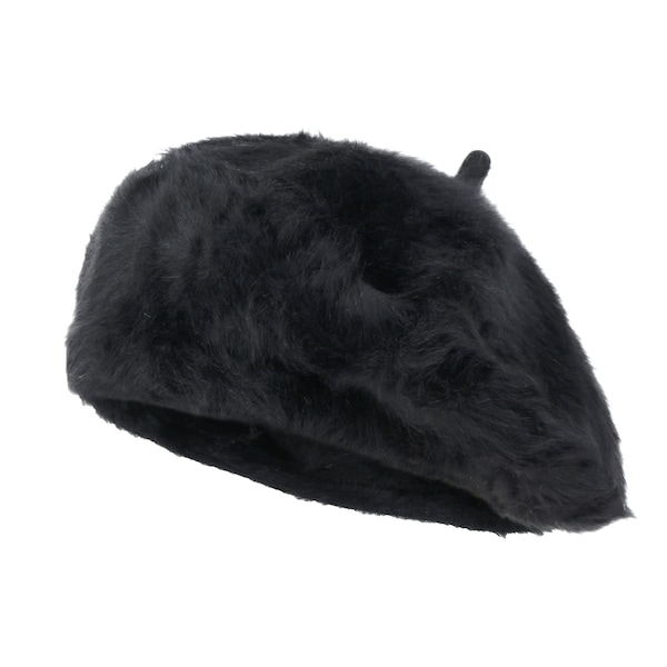 ililily Solid Color Angora French Beret Furry Artist Flat Winter Hat