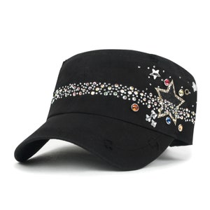 ililily Vintage Distressed Star Spangle Cotton short brimmed Army Hat Rhinestone Cadet Cap