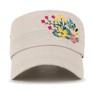 ililily Flower Embroidery Cotton short brimmed Military Army Hat Women Casual Cadet Cap