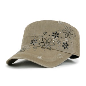 ililily Black Rhinestone Cadet Cap Stud Vintage Cotton short brimmed Military Army Hat