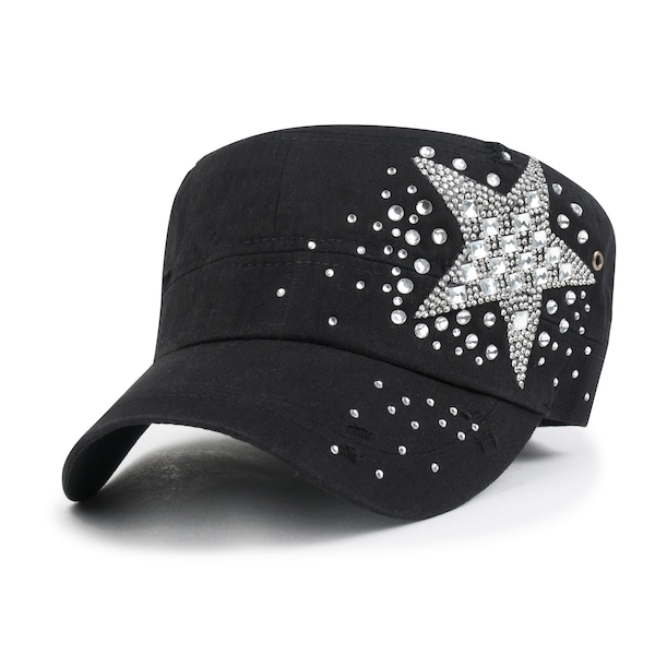 ililily Vintage Distressed Cotton Army Hat Star Shape Rhinestone Cadet Cap