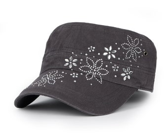 ililily Crystal/Black Gemstone Stud Flower Vintage Washed Military short brimmed Army Hat Cadet Cap
