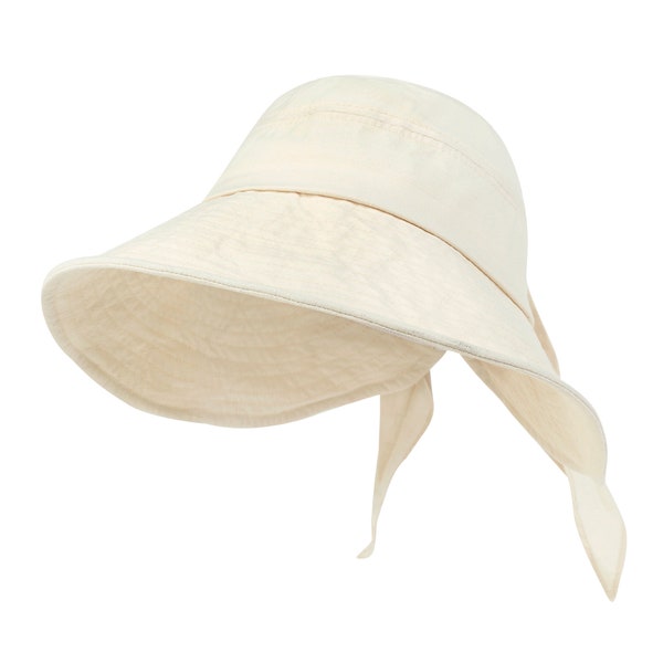 ililily Solid Color Feminine Sun Bonnet Hat Ribbon Back Classic Bucket Hat