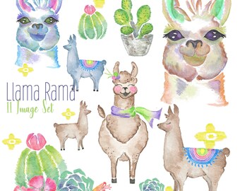 Puede incluir: Conjunto de 11 ilustraciones de llamas en acuarela. Las llamas están en varias poses y tienen diferentes colores de pelaje, algunas con bufandas y mantas coloridas. El conjunto también incluye cactus y suculentas.