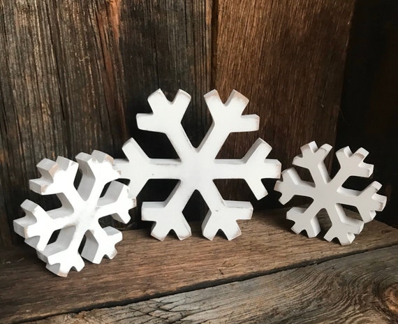 Winter Snowflake Decorations, White Standing Wooden Snowflakes