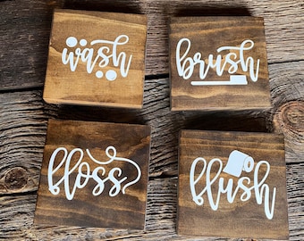 Wash, Brush, Floss, Flush - Wooden Bathroom Signs - Custom Bathroom Signs - Farmhouse Decor