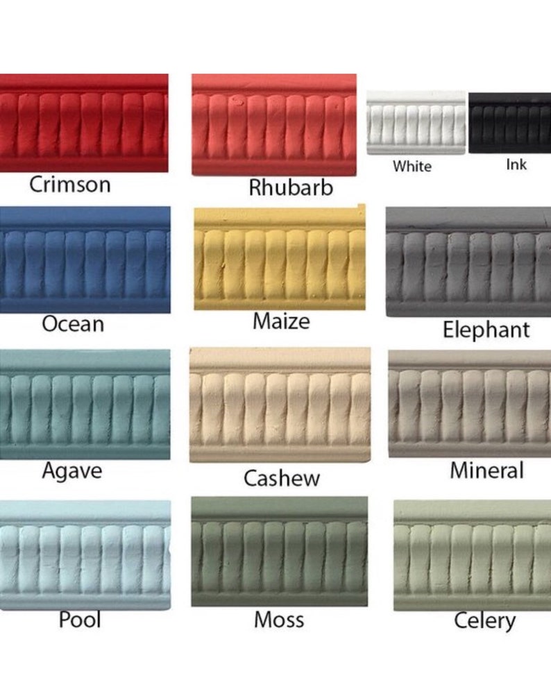 May include: A chart of 12 paint colors with names like Crimson, Rhubarb, Ocean, Maize, Elephant, Agave, Cashew, Mineral, Pool, Moss, and Celery. Each color is shown on a textured molding.
