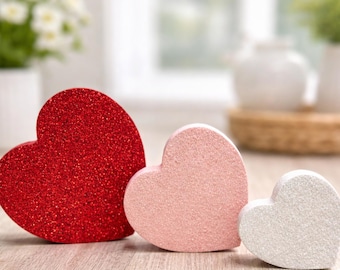 Glitter Heart Shelf Sitters – Farmhouse Tiered Tray Decor, Set of 3