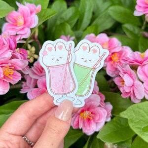 Pegatinas de vinilo de conejito kawaii con refresco de soda ~ Refresco de flor de cerezo y melón, lindas pegatinas de helado impermeables de primavera y verano