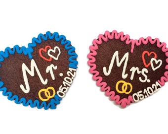 Mr. & Mrs. Lebkuchen-Filzherz, personalisierbar, zum Anstecken