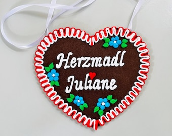 Lebkuchen-Filzherz, doppelreihiger Rand, personalisierbar, zum Umhängen BxH 18 x 16 cm