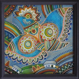 Popolare ucraino, tradizionale dipinto su vetro Fatto a mano Incorniciato, Vetro dipinto, Decorazione murale 20 x 20 cm