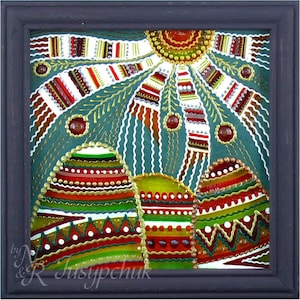 Folk ucraino, Pittura tradizionale su vetro Fatto a mano Incorniciato, Vetro dipinto, Decorazione murale Pysanka Pasqua 14x14 cm