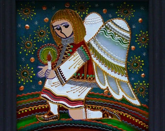 Ukrainian Folk Art Glass Painting, Handmade Angel Wall Decor, Framed (14x14 cm)