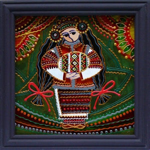 Popolare ucraino, tradizionale dipinto su vetro Fatto a mano Incorniciato, Vetro dipinto, Decorazione murale Pysanka Pasqua 14 x 14 cm