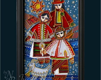 Ukrainian Folk, traditional Painting on glass Hand made Framed, Painted glass, Christmas gift. Wall decor  14x20 cm