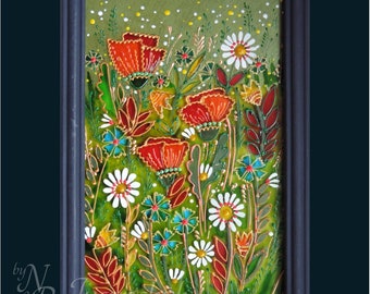 Ukrainian Folk, traditional Painting on glass Hand made Framed, Painted glass, Wall decor  14x20 cm