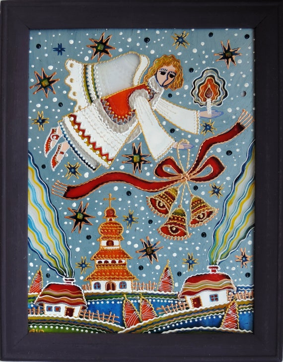 traditional Painting on glass Hand made Framed Ukrainian Folk Wall